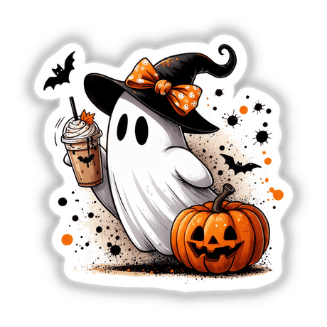 Cute Halloween Ghost w/ Drink and Pumpkin: A cartoon ghost holding a drink and a carved pumpkin, available as stickers or digital artwork.