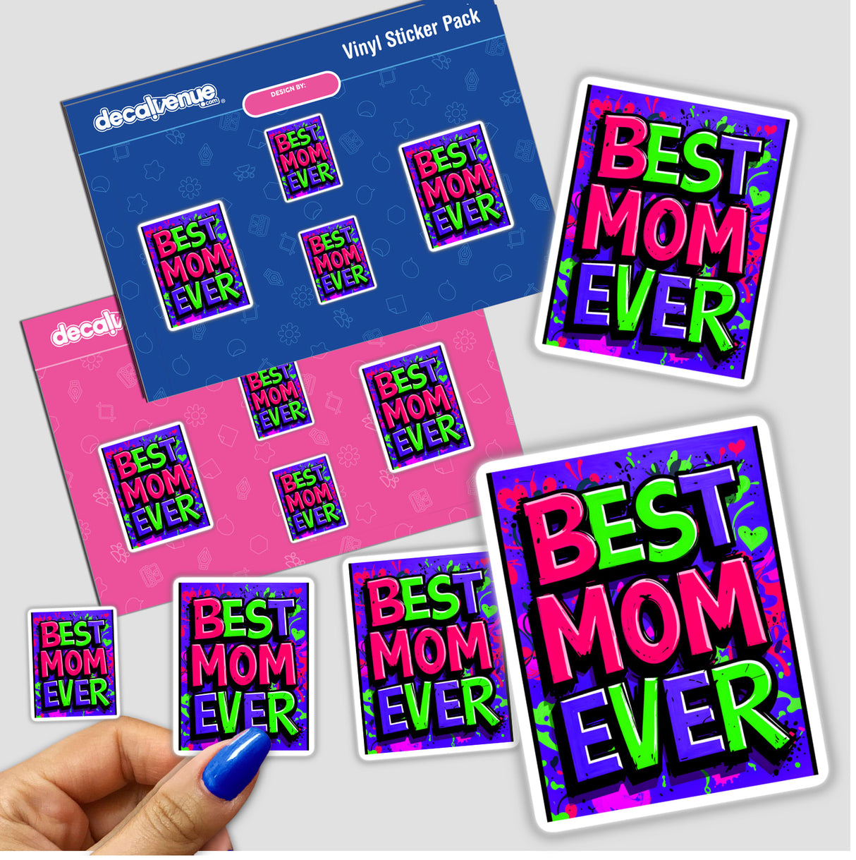 Best Mom Ever stickers or digital artwork featuring colorful text designs, capturing a vibrant and creative essence, perfect for celebrating moms with unique, visually striking graphics.