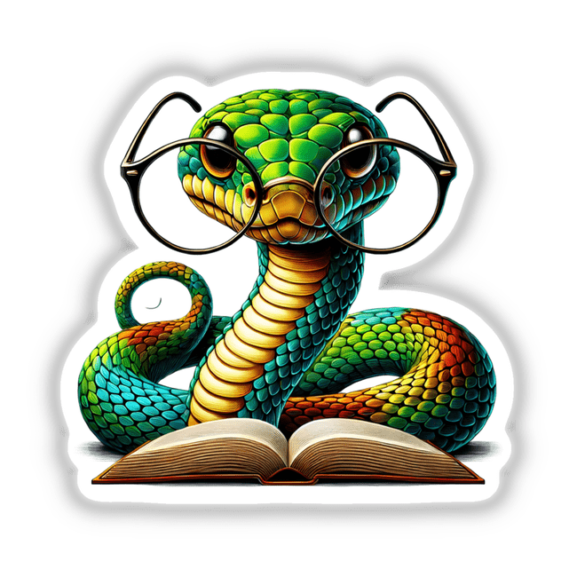 Snake With Reading Glasses Open Book artwork shows a whimsical snake wearing glasses, engrossed in a book. Available as stickers or digital prints, perfect for book enthusiasts.