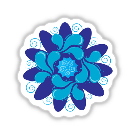 Vibrant digital artwork featuring a stylized blue and turquoise flower with swirling, organic patterns and shapes.