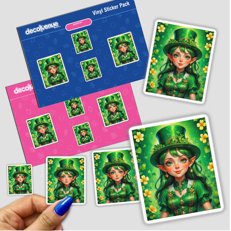 A Cute St. Patrick's Day Girl sticker featuring a cartoon character in a green dress and hat, holding a colorful object, ideal for festive decoration or digital artwork.