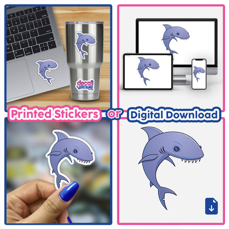 Sharky stickers feature a cartoon shark with sharp teeth, suitable for laptops, cups, or nails, reflecting Decal Venue's unique sticker and digital art offerings.