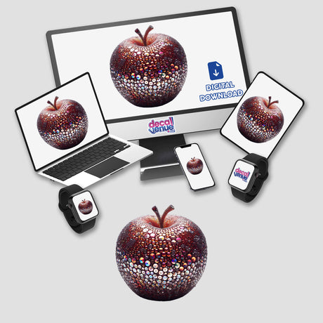 Sparkling Apple Sequin Art featuring a computer monitor and laptop displaying vivid apple images, available as stickers or digital artwork.