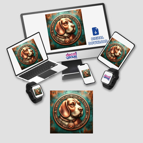 Charming beagle portrait in ornate digital artwork displayed across various devices and products from Decal Venue's collection.