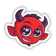 Cute Cartoon Devil illustration featuring a red cartoon devil face with white dots, available as stickers or digital artwork from Decal Venue, known for unique stickers and digital art.