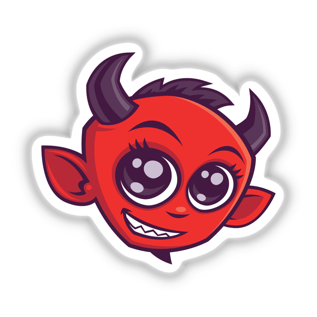 Cute Cartoon Devil illustration featuring a red cartoon devil face with white dots, available as stickers or digital artwork from Decal Venue, known for unique stickers and digital art.