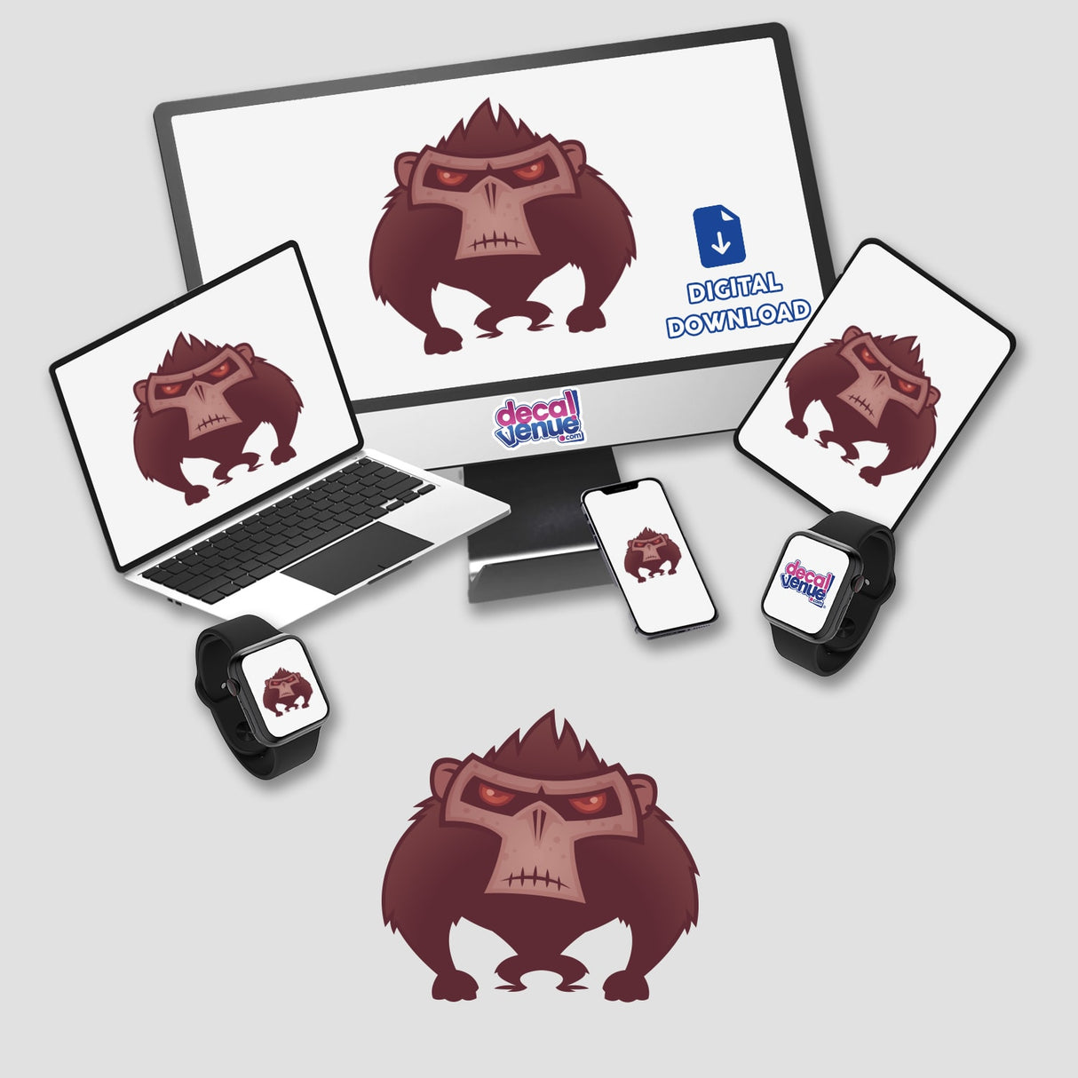 Angry Ape stickers featuring a cartoon monkey displayed on a laptop, monitor, mouse, cellphone, and smartwatch screens. Available as a sticker pack or individual stickers from Decal Venue.