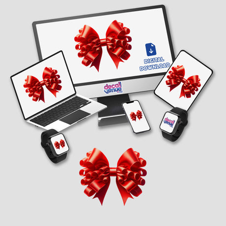 Fancy Christmas Red Coquette Bow - Digital artwork featuring a large, vibrant red bow design displayed on various digital devices including laptops, smartphones, and a smartwatch, against a white background. The Decal Venue branding is visible, indicating this is a digital product available for purchase from their store.