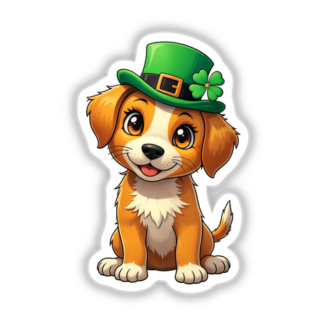 St. Patrick's Day Puppy: Cartoon of a dog in a green hat with a clover, available as stickers or digital artwork. Perfect for celebrating with whimsical charm.