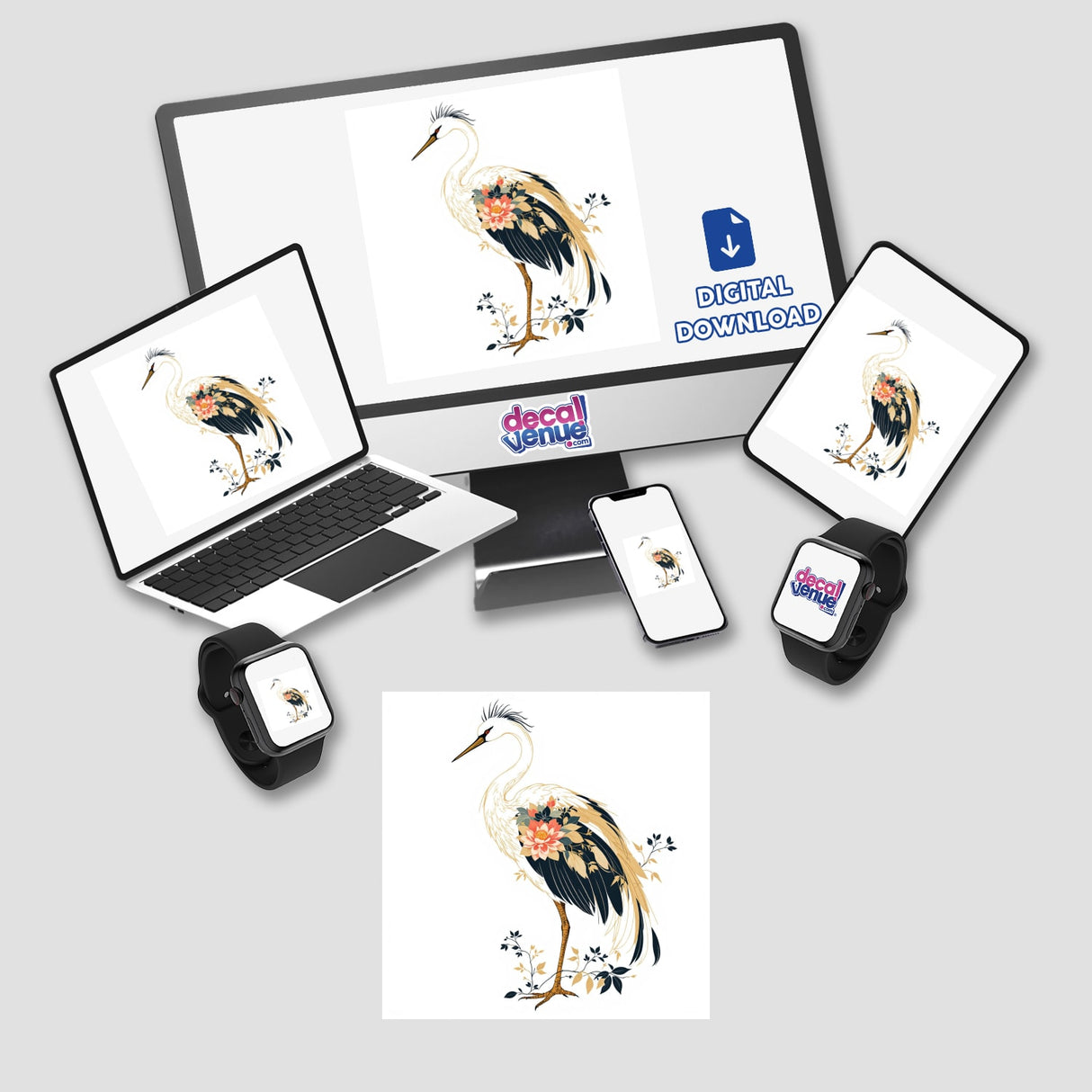 Chinoiserie Crane artwork displayed on multiple devices, featuring a crane adorned with floral motifs. Available as stickers or digital artwork, embodying Decal Venue's unique design ethos.