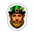 St. Patrick's Day Leprechaun sticker features a man with a green hat, gold buckle, and clovers, showcasing detailed eyes and beard, available as unique digital artwork.