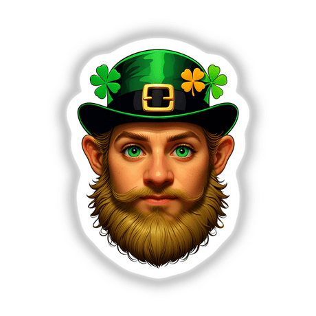 St. Patrick's Day Leprechaun sticker features a man with a green hat, gold buckle, and clovers, showcasing detailed eyes and beard, available as unique digital artwork.