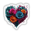 Teal and Magenta Heart with Pink, Blue, and Orange Roses design, showcasing a vibrant floral arrangement, available as stickers or digital artwork from Decal Venue.