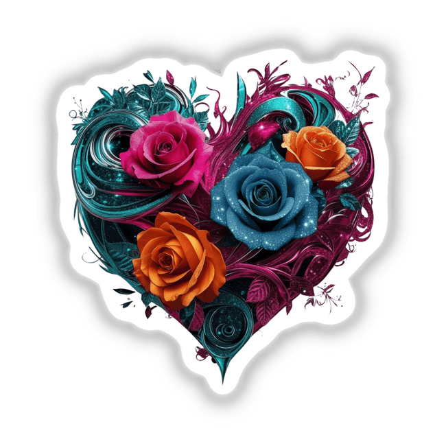 Teal and Magenta Heart with Pink, Blue, and Orange Roses design, showcasing a vibrant floral arrangement, available as stickers or digital artwork from Decal Venue.