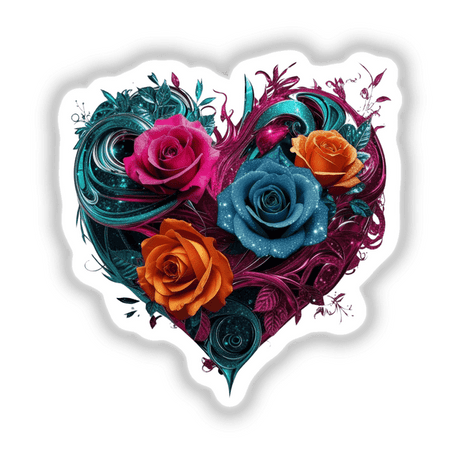 Teal and Magenta Heart with Pink, Blue, and Orange Roses design, showcasing a vibrant floral arrangement, available as stickers or digital artwork from Decal Venue.