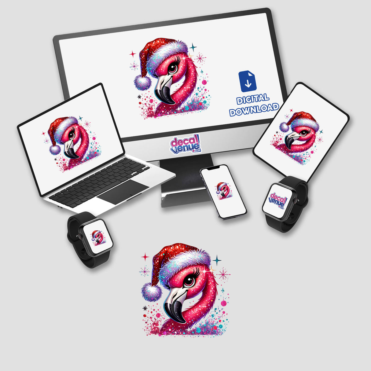 Pink Santa Christmas Flamingo displayed on a computer monitor and laptop, featuring a flamingo with a Santa hat. Available as unique stickers or digital artwork from Decal Venue.