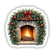 Cozy Fireplace in a Christmas Wreath: A festive scene featuring a fireplace adorned with a garland of pine branches, red bows, and ornaments, capturing holiday warmth as stickers or digital artwork.