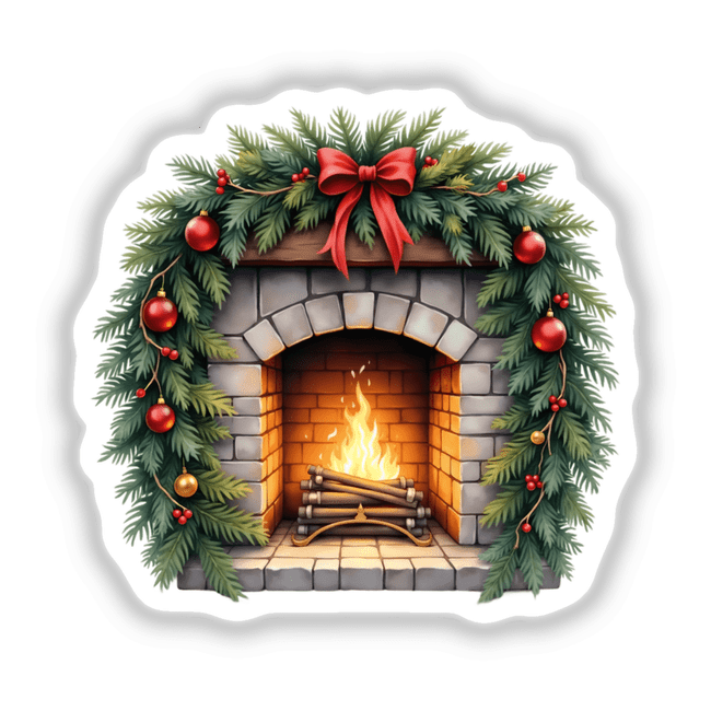 Cozy Fireplace in a Christmas Wreath: A festive scene featuring a fireplace adorned with a garland of pine branches, red bows, and ornaments, capturing holiday warmth as stickers or digital artwork.