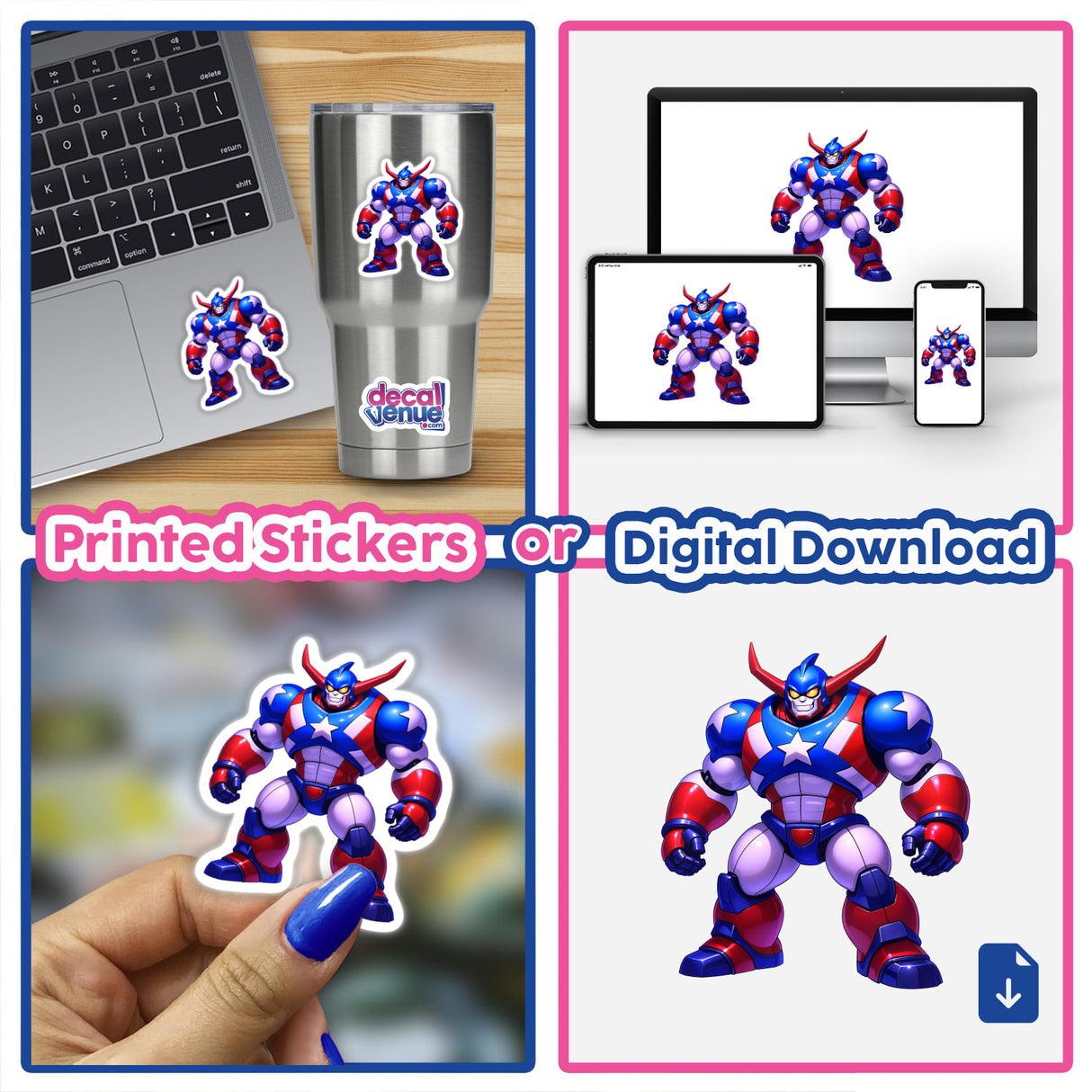 A Cool American Flag Army Robot featured in various cartoon styles, available as unique vinyl stickers or digital artwork, showcasing superhero elements on laptops and cups.