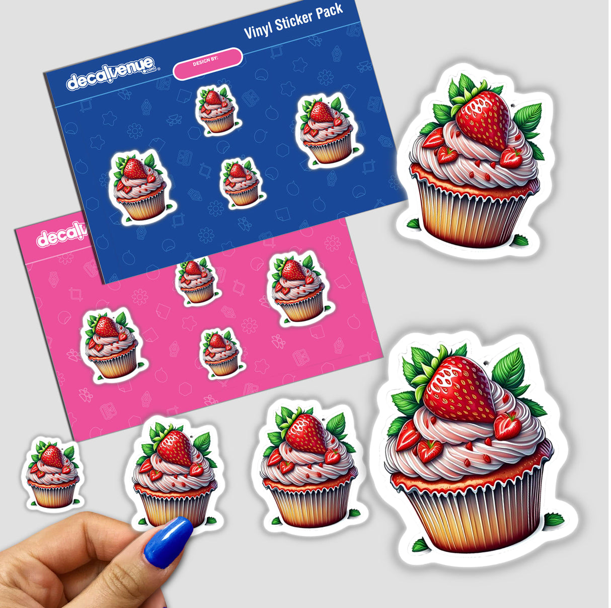 Colorful strawberry cupcake digital artwork featuring cupcake stickers with realistic strawberry toppings on a pink and blue background.