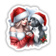 Santa Christmas Lady Loves Her Pitbull Dog II: A woman and her pitbull, both in Santa hats, captured in a festive moment. Available as stickers or digital artwork.