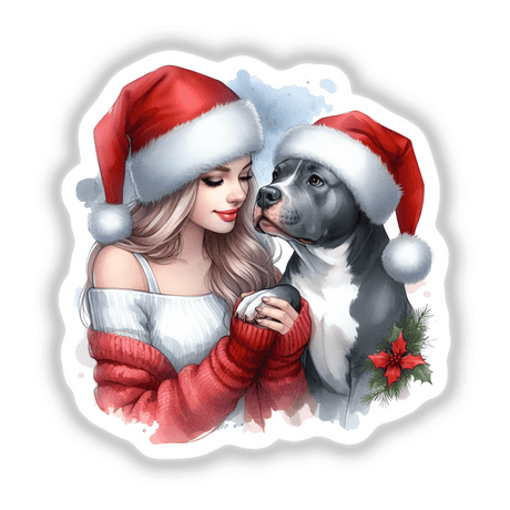 Santa Christmas Lady Loves Her Pitbull Dog II: A woman and her pitbull, both in Santa hats, captured in a festive moment. Available as stickers or digital artwork.