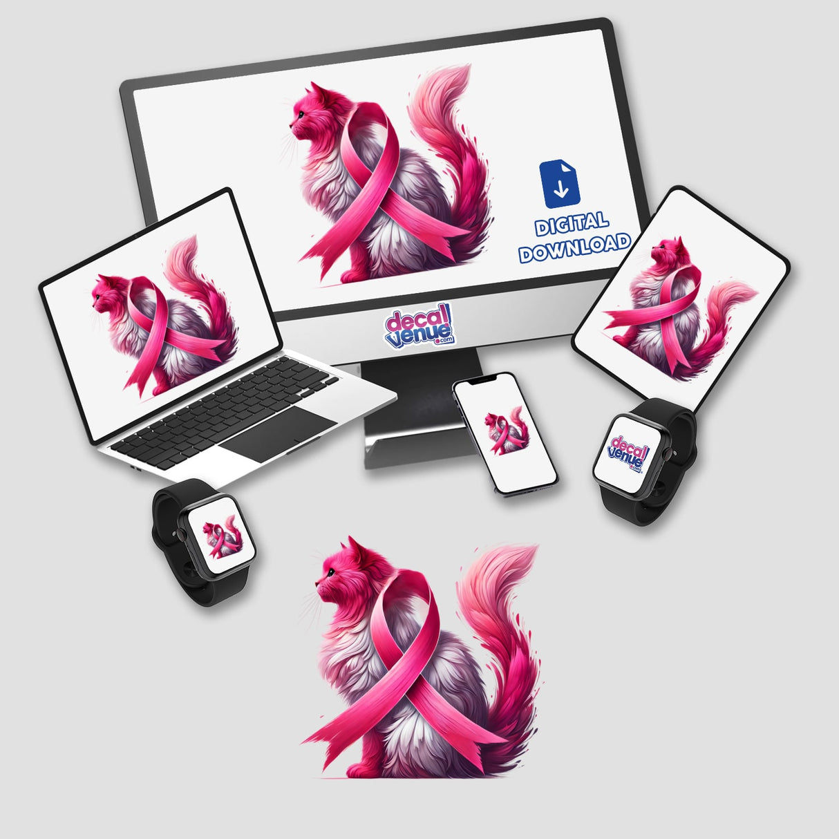 Cat Pink Ribbon Breast Cancer digital artwork featuring a computer monitor and laptop with a pink ribbon on the screen, available as stickers or digital art.