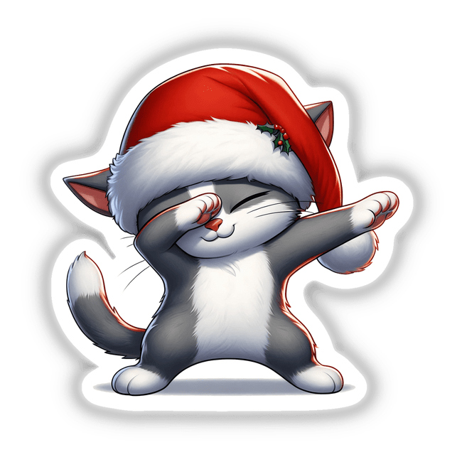 Dabbing Christmas Santa Cat in Hat: Cartoon cat wearing a Santa hat, mid-dab pose. Available as stickers or digital artwork.