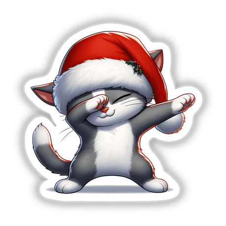 Dabbing Christmas Santa Cat in Hat: Cartoon cat wearing a Santa hat, mid-dab pose. Available as stickers or digital artwork.