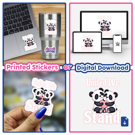 Collage featuring 'Cute Bears' vinyl stickers and digital artwork, showcasing two pandas hugging, available as unique creations from Decal Venue, highlighting a laptop with a sticker for reference.