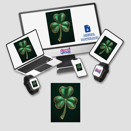 Opulent Shamrock – Green Clover with Gold and Gemstone Accents displayed on multiple devices, showcasing stickers or digital artwork versatility from Decal Venue's unique vinyl sticker and digital art collection.