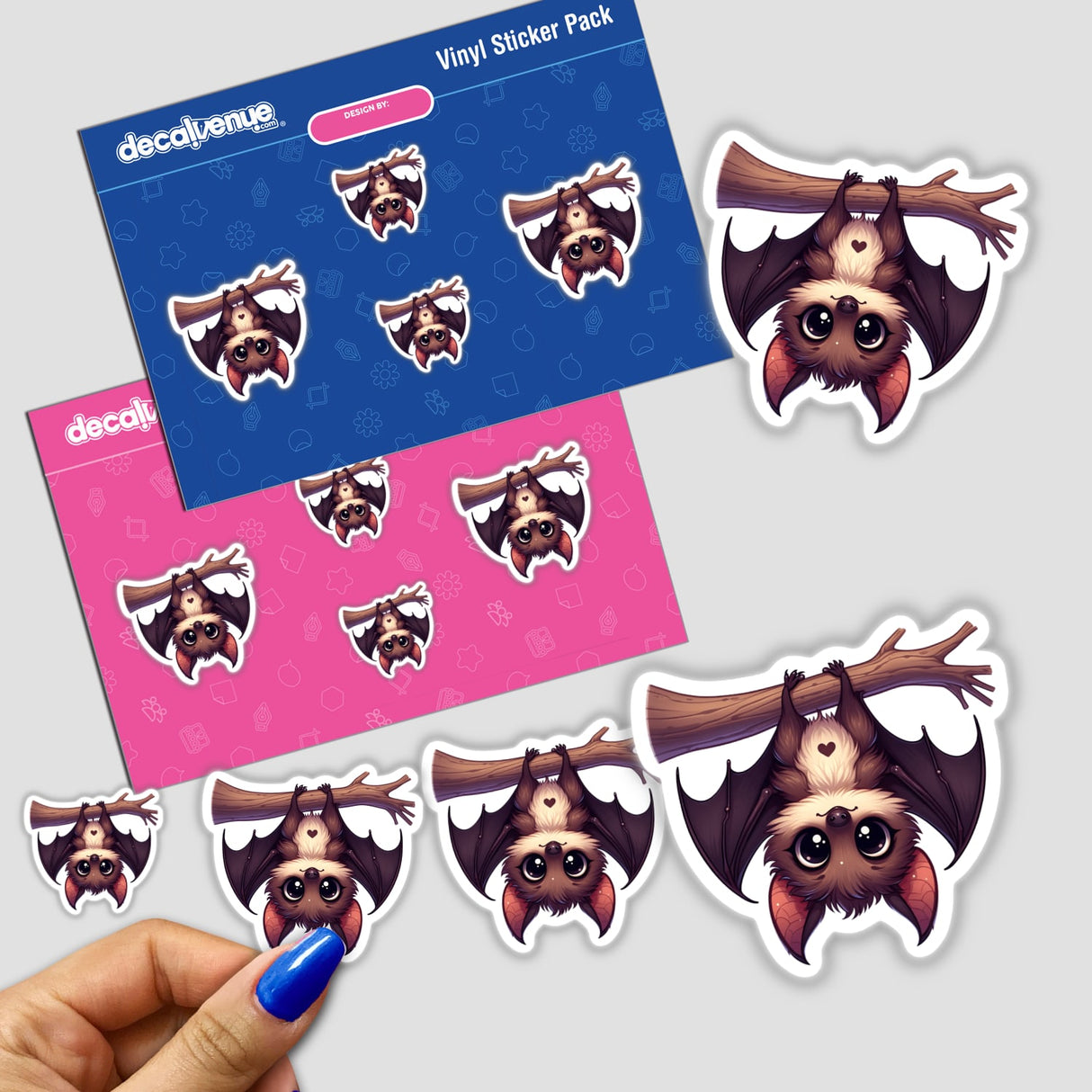 Cute cartoon bat stickers featuring a sleeping and awake expression on a pink and blue sticker pack from Decal Venue, a store that offers unique stickers and digital art by talented designers.