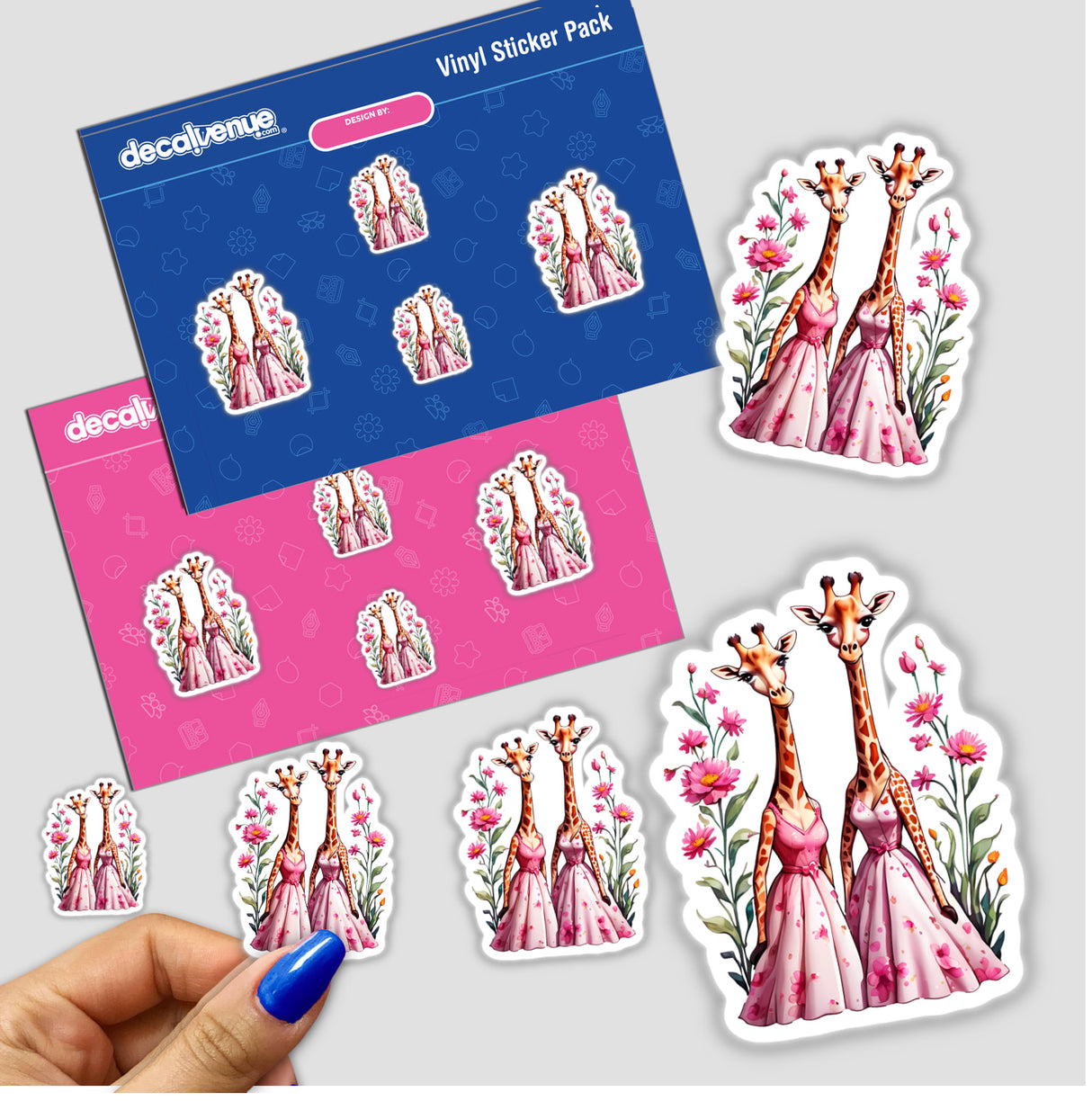 Cute Giraffes in Flower Dresses Sticker features whimsical giraffes adorned in floral dresses, ideal for quirky and fun decoration. Available as stickers or digital artwork from Decal Venue.