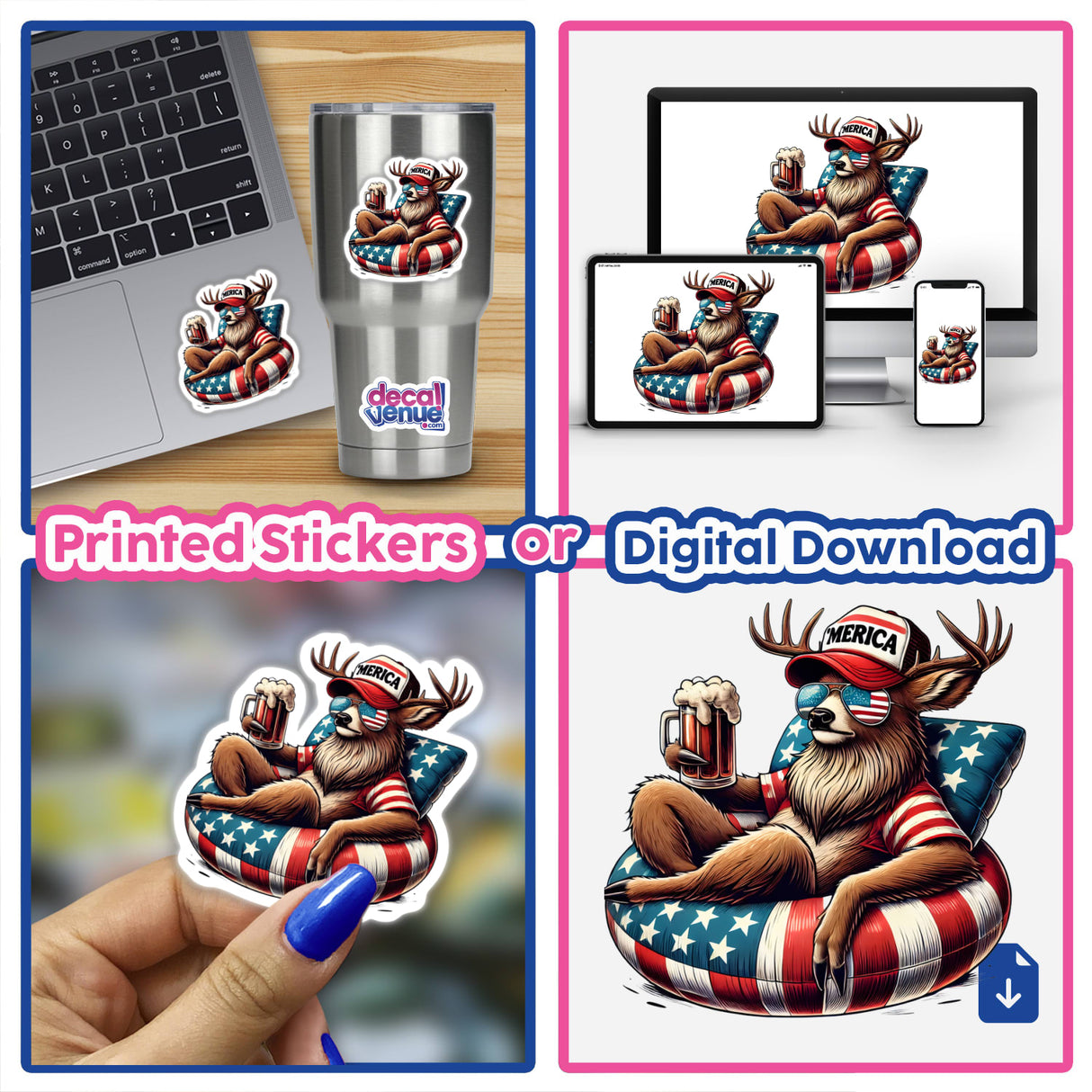 Deer American Flag Float Merica stickers feature a cartoon deer holding a beer, perfect for laptops and cups. Available as unique stickers or digital artwork from Decal Venue.