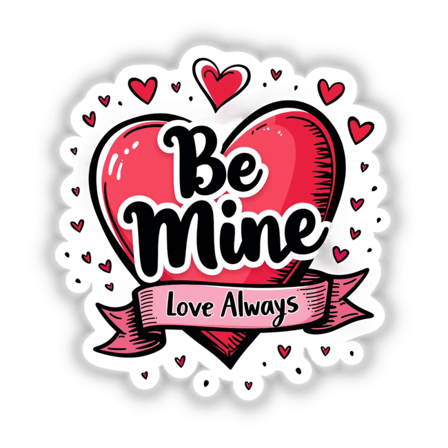 Be Mine Love Always Heart Design featuring a heart with text, a ribbon, and smaller hearts, available as stickers or digital artwork.