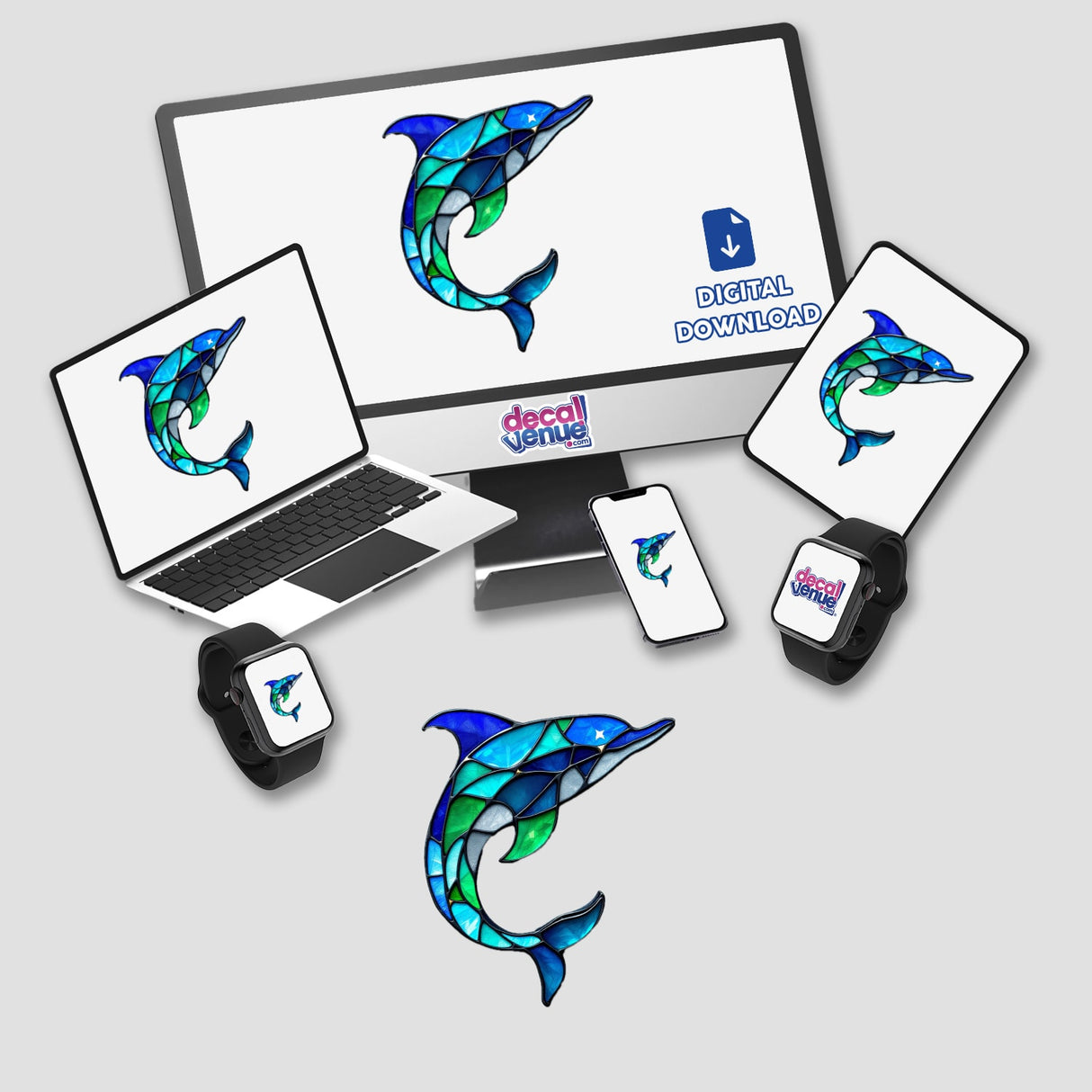 Dolphin Stained Glass Style design displayed on a computer monitor and laptop, available as stickers or digital artwork from Decal Venue.