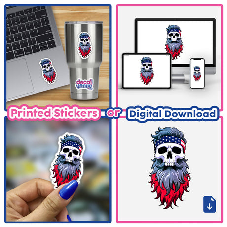 A collage showcasing A Cool Skull With An American Flag Bandana, featuring various sticker designs and digital artwork options, highlighting unique skull graphics with beards and flag elements.