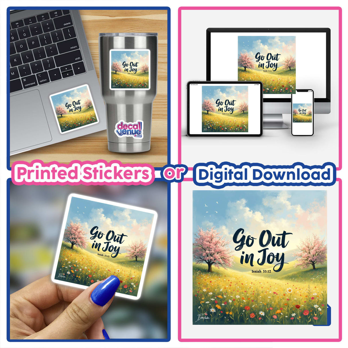 Collage featuring laptops and digital artwork highlights Go Out in Joy – Isaiah 55:12 Bible Verse Sticker or Clipart, suitable for commercial use, emphasizing unique designs available at Decal Venue.