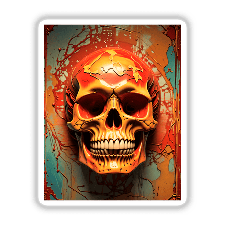 Abstract 3D Skull Art depicted with intricate red and yellow designs, available as unique stickers or digital artwork from Decal Venue, showcasing striking artistic details and creativity in skull-themed art.