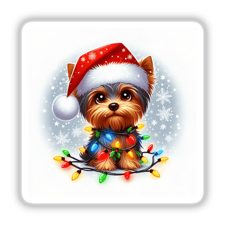 Merry Christmas Santa Yorkie Dog featuring a cute dog in a Santa hat adorned with Christmas lights, available as stickers or digital artwork from Decal Venue.