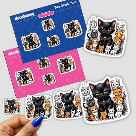 Adorable cat pack digital artwork with floral accents. Colorful stickers featuring a variety of cats in different poses and expressions. Stylish and eye-catching design suitable for various surfaces.