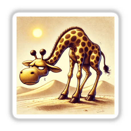 Grumpy Giraffe in the Desert, a cartoon giraffe standing in a desert, available as stickers or digital artwork.