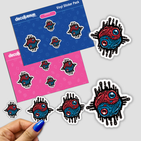 Vibrant Red and Blue Poison Dart Frog Yin Yang sticker, featuring a hand holding the design, blending colorful circles and cartoon elements, exemplifying Decal Venue's unique artistic style.