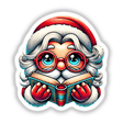 Santa Claus in reading glasses, engrossed in a book, available as stickers or digital artwork.