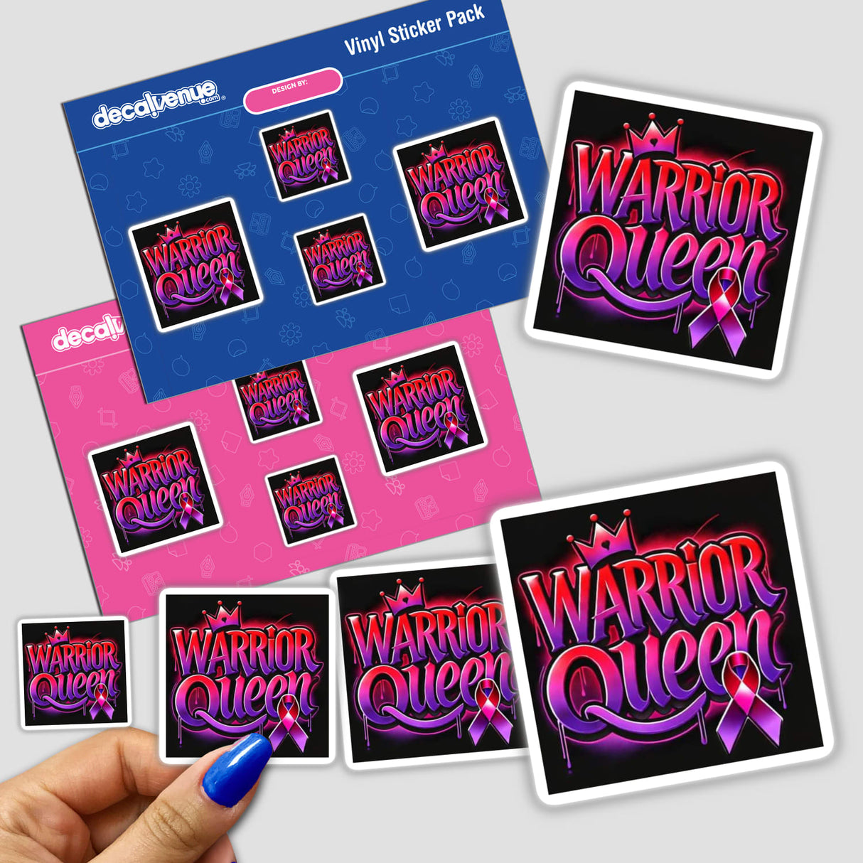 Hand holding a Gold Breast Cancer Series 6 sticker, featuring intricate, artistic text and graphics.