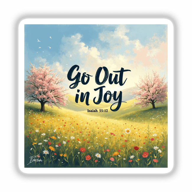 Go Out in Joy – Isaiah 55:12 – Bible Verse Sticker or Clipart features a serene painting of a field with trees and flowers, ideal for stickers or digital artwork.