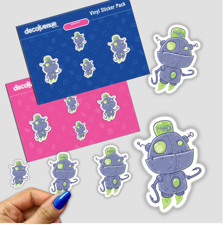 Fishing Robot sticker, featuring a cartoon robot. A hand holds one sticker from a diverse set, showcasing creative designs. Perfect for adding flair to personal items.