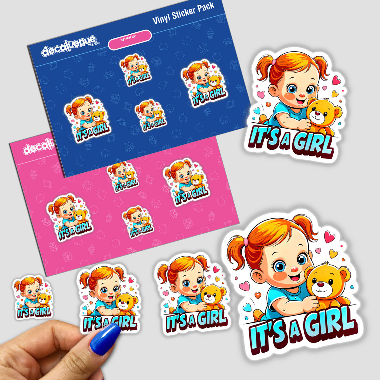 It's A Girl - Gender Reveal sticker pack featuring cartoon images of a baby girl holding a teddy bear, available as unique vinyl decals or digital artwork from Decal Venue.