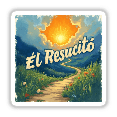 Él Resucitó Mateo 28:6 Sticker or Clipart features a Fauvist-style painting of a path through a grassy field with plants and flowers, available as stickers or digital artwork.