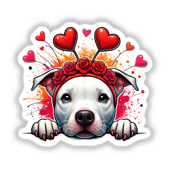 Splatter Hearts Peeking Pitbull Dog II illustration features a pitbull with a whimsical flower crown, available as stickers or digital artwork, capturing a playful and artistic essence.